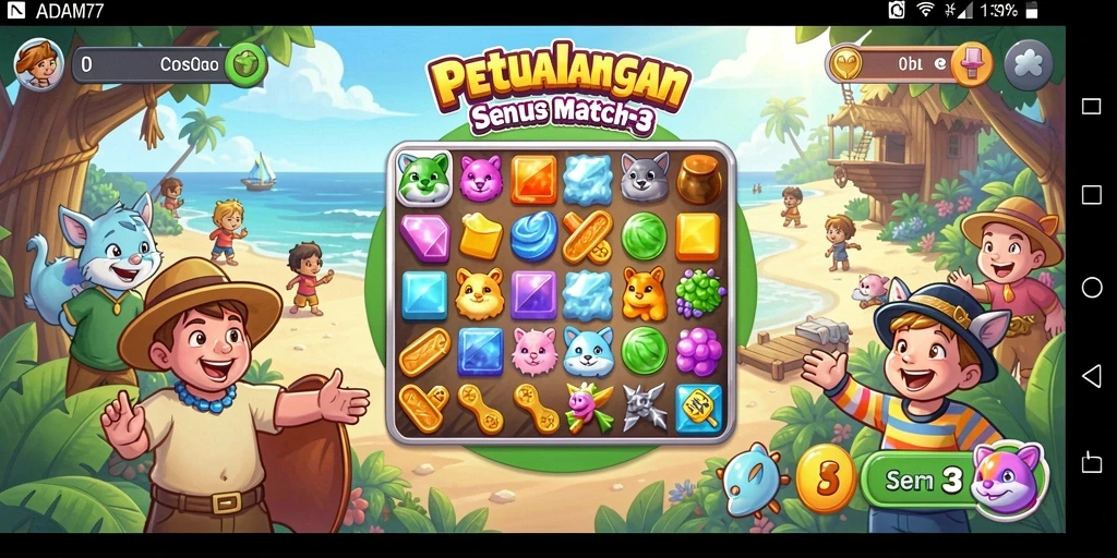 Screenshot gameplay ADAM77 dengan tantangan Match-3 yang seru.