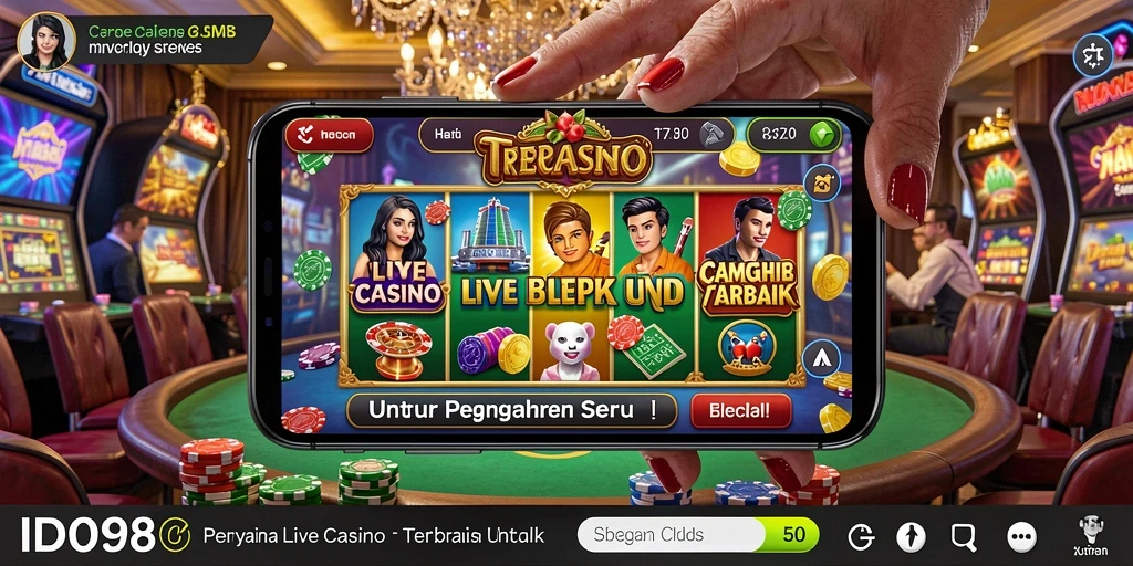 Screenshot ID098 menampilkan dealer cantik dan permainan yang mendebarkan.