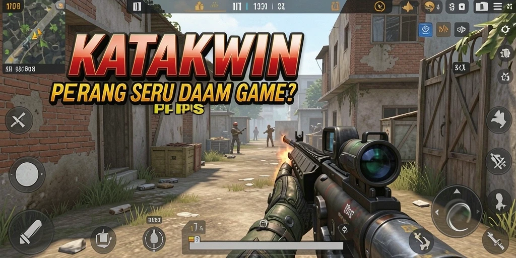 Tampilan gameplay mendebarkan dalam KATAKWIN dengan aksi tembak menembak yang seru.