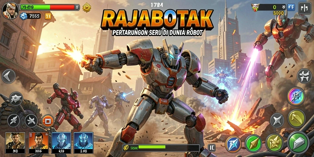 Tampilan gameplay RAJABOTAK dengan pertarungan robot yang mendebarkan.