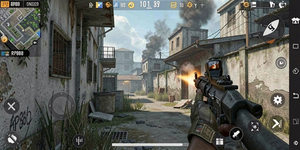 Gameplay RP888 menampilkan aksi tembak-menembak yang mendebarkan.